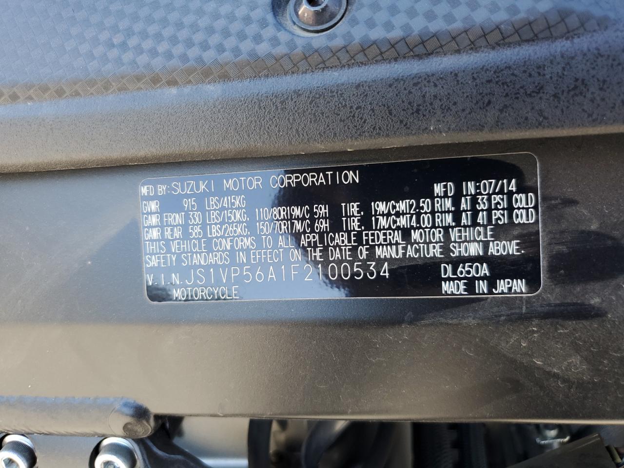 2015 Suzuki Dl650 A VIN: JS1VP56A1F2100534 Lot: 60940455