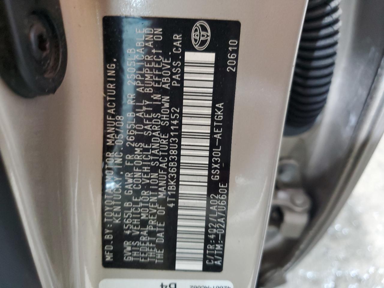2008 Toyota Avalon Xl VIN: 4T1BK36B38U311452 Lot: 61720665