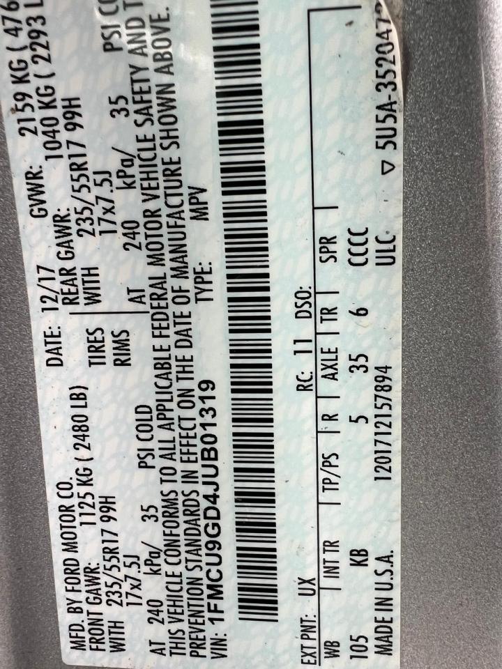VIN: 1FMCU9GD4JUB01319 2018 FORD ESCAPE