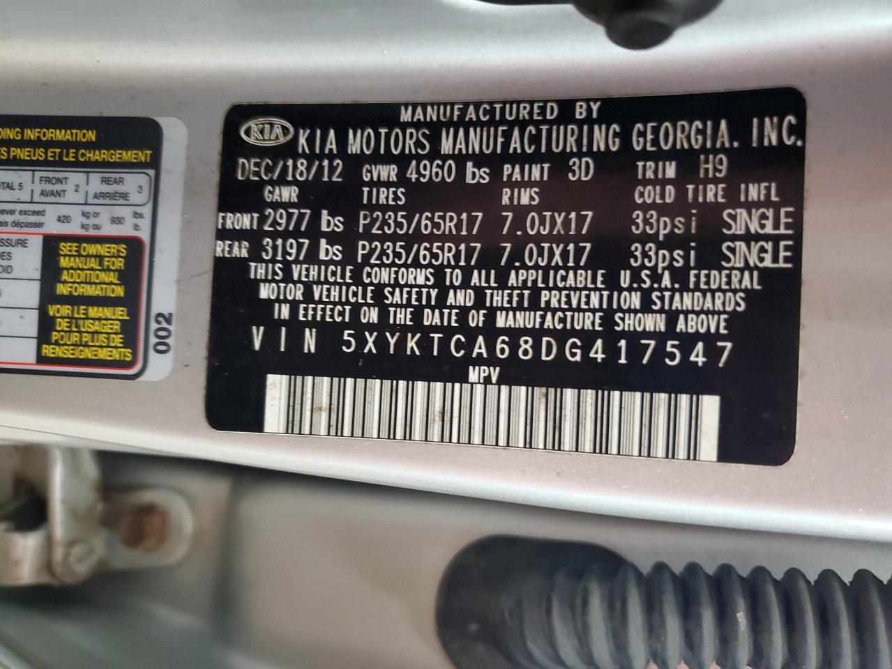 2013 Kia Sorento Lx VIN: 5XYKTCA68DG417547 Lot: 60759565