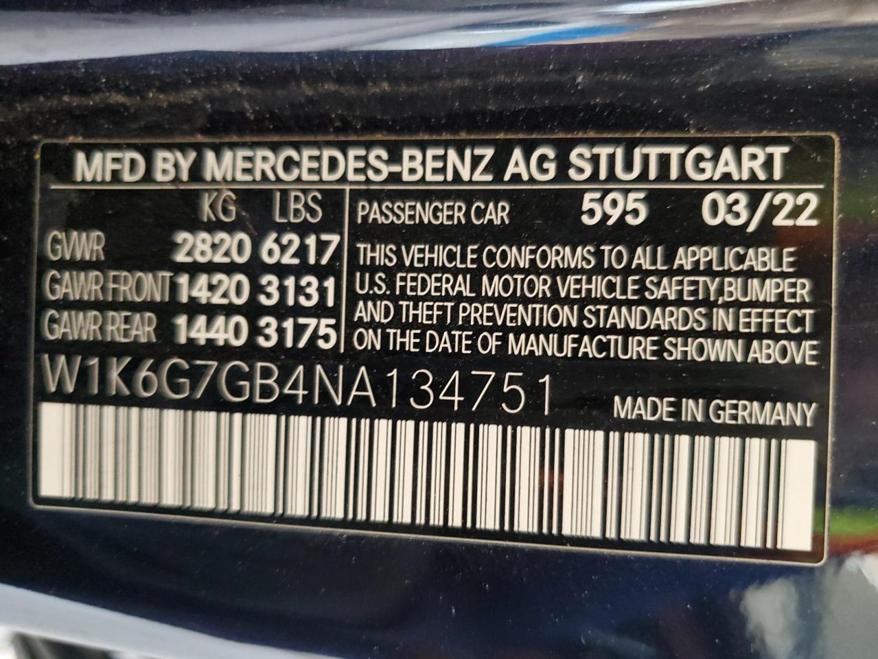 2022 Mercedes-Benz S 580 4Matic VIN: W1K6G7GB4NA134751 Lot: 60870845