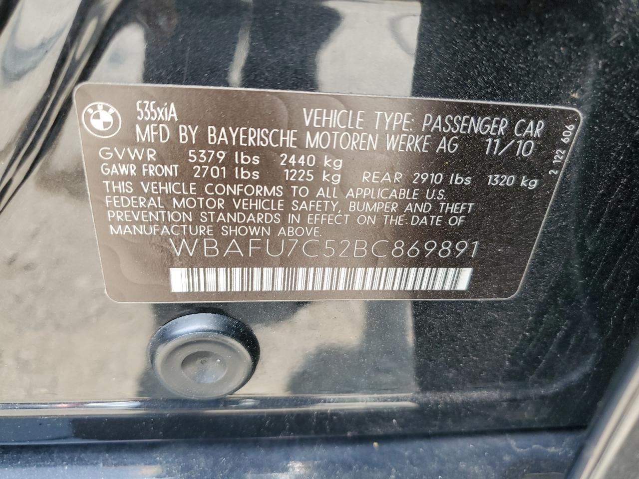2011 BMW 535 Xi VIN: WBAFU7C52BC869891 Lot: 60350445