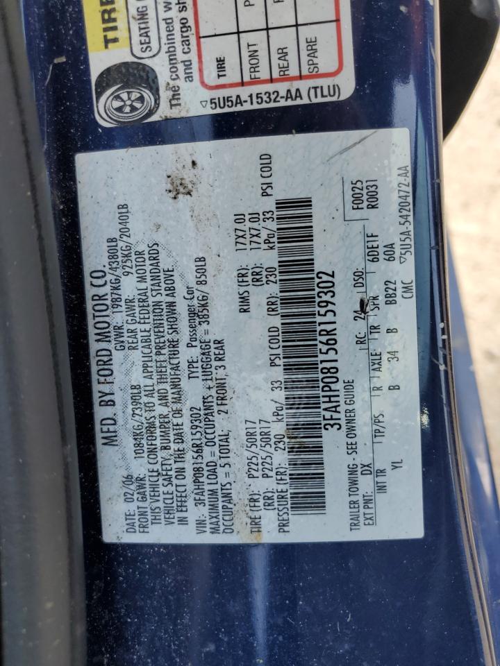 2006 Ford Fusion Sel VIN: 3FAHP08156R159302 Lot: 58140755