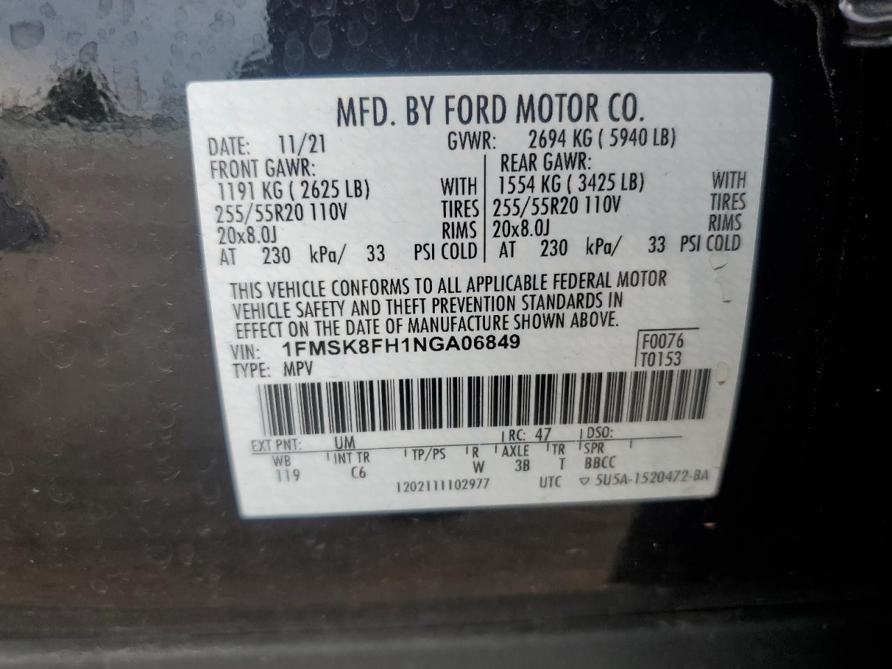 2022 Ford Explorer Limited VIN: 1FMSK8FH1NGA06849 Lot: 62109075