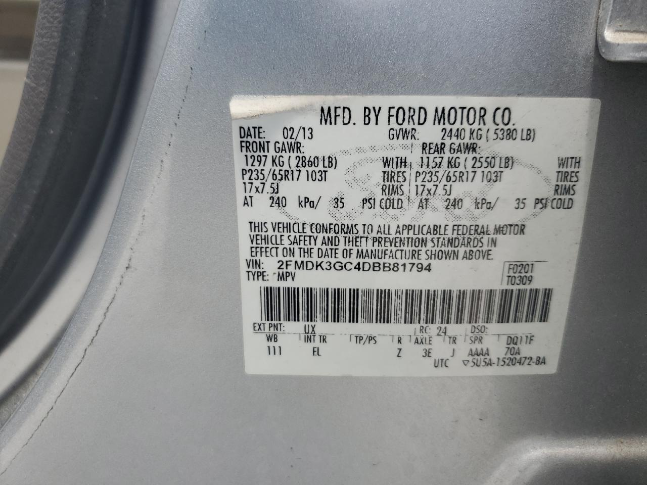 2013 Ford Edge Se VIN: 2FMDK3GC4DBB81794 Lot: 63173785