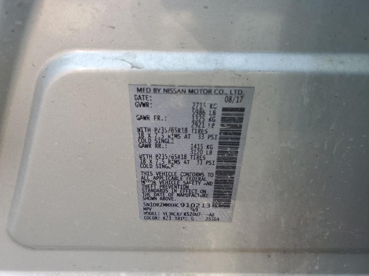 5N1DR2MMXHC910213 NISSAN PATHFINDER 2017