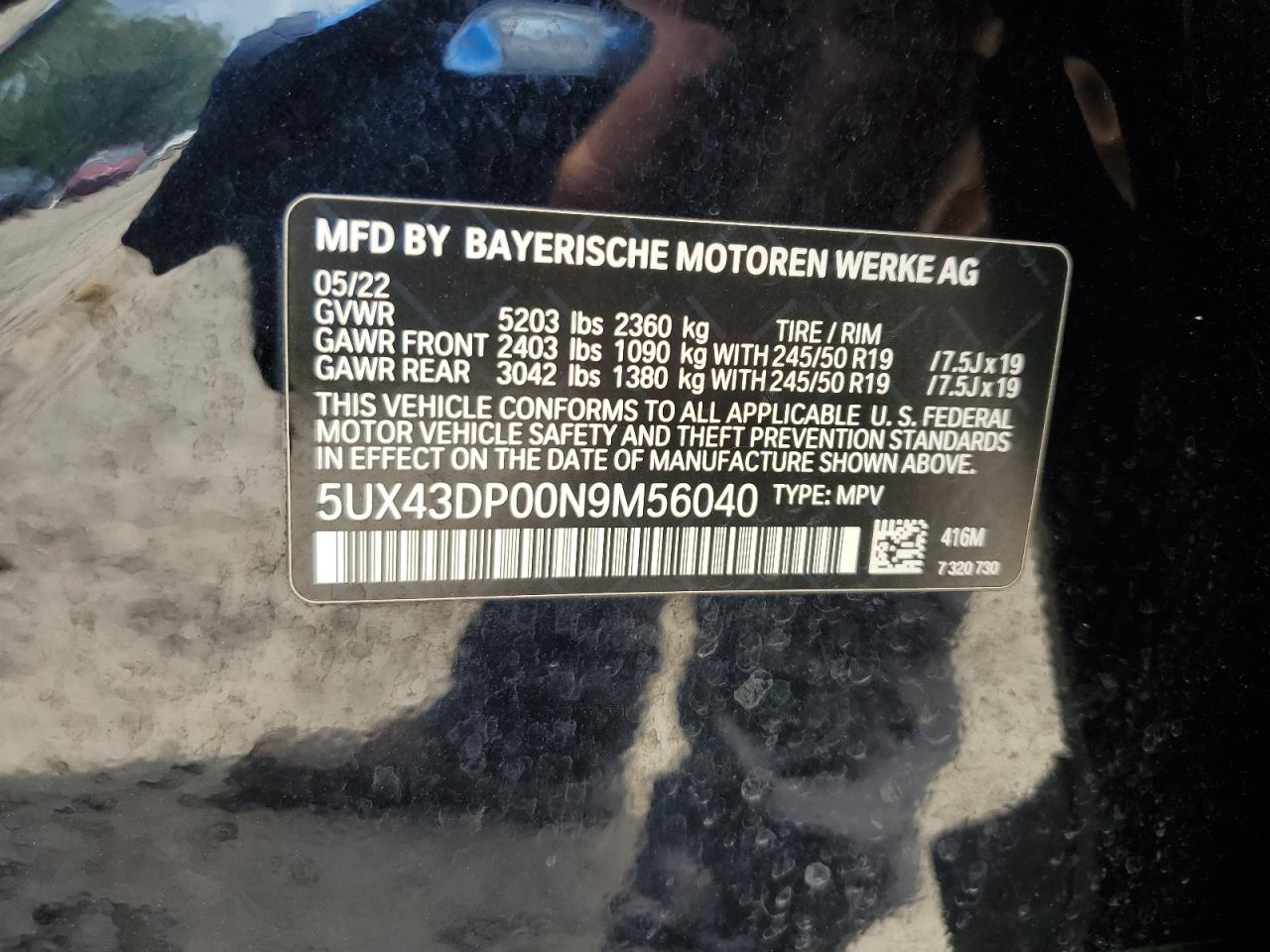 2022 BMW X3 Sdrive30I VIN: 5UX43DP00N9M56040 Lot: 62036795