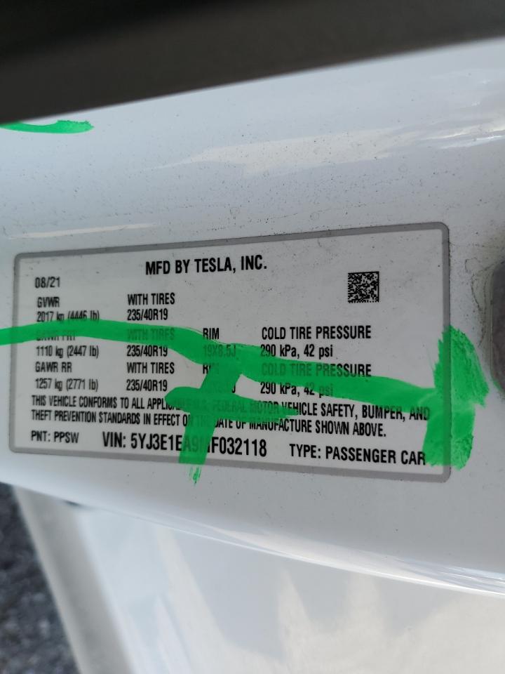2021 Tesla Model 3 VIN: 5YJ3E1EA9MF032118 Lot: 62600855
