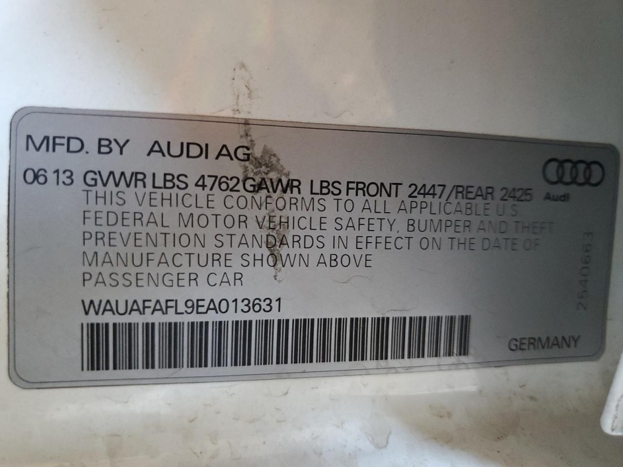 2014 Audi A4 Premium VIN: WAUAFAFL9EA013631 Lot: 60145085