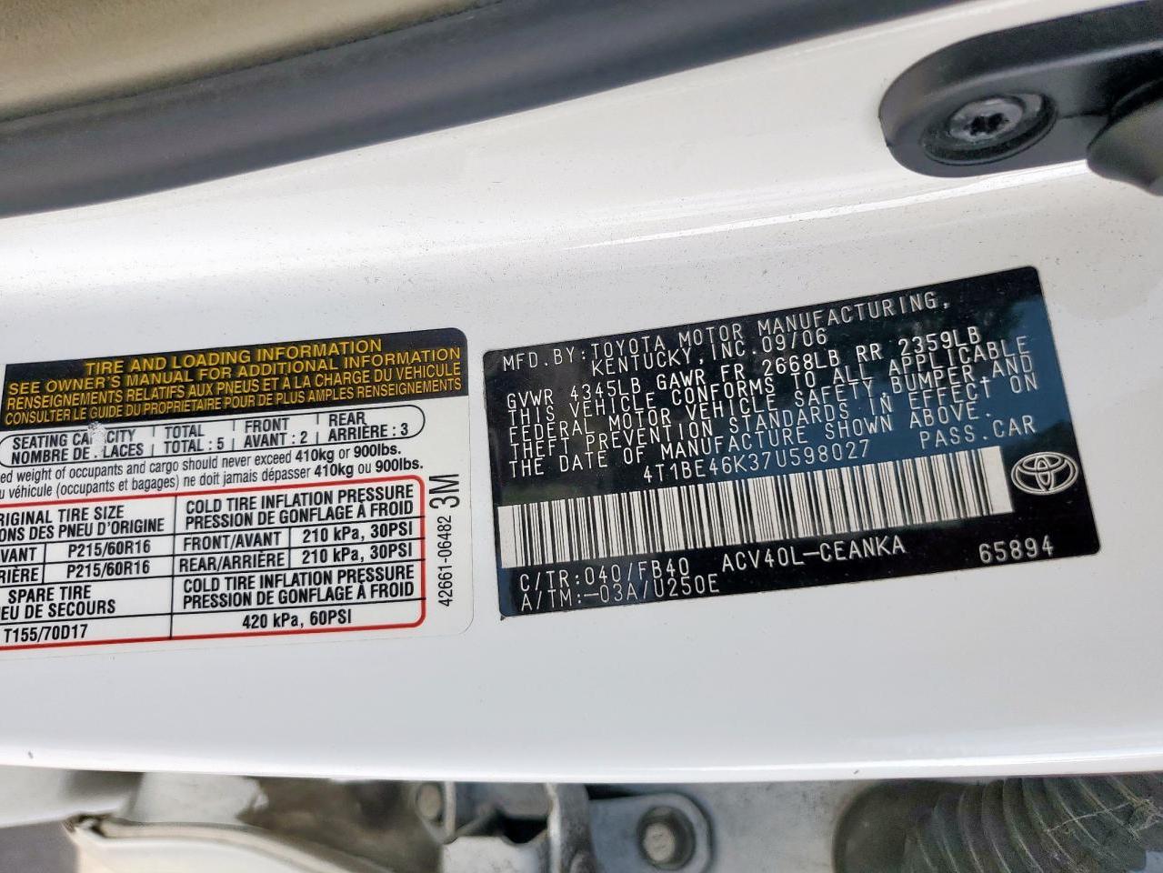 2007 Toyota Camry Ce VIN: 4T1BE46K37U598027 Lot: 61396815