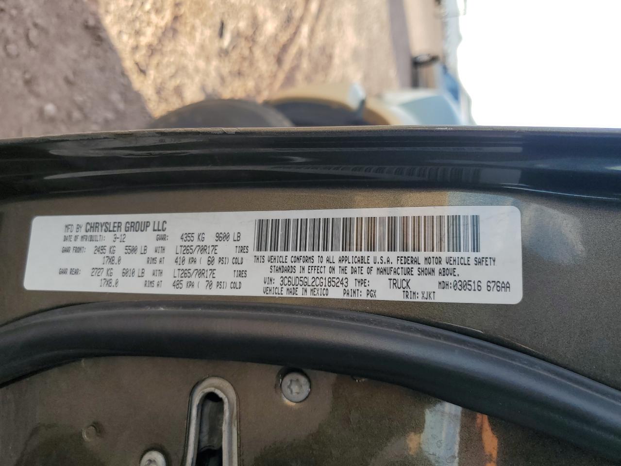 2012 Dodge Ram 2500 Longhorn VIN: 3C6UD5GL2CG185243 Lot: 62589355