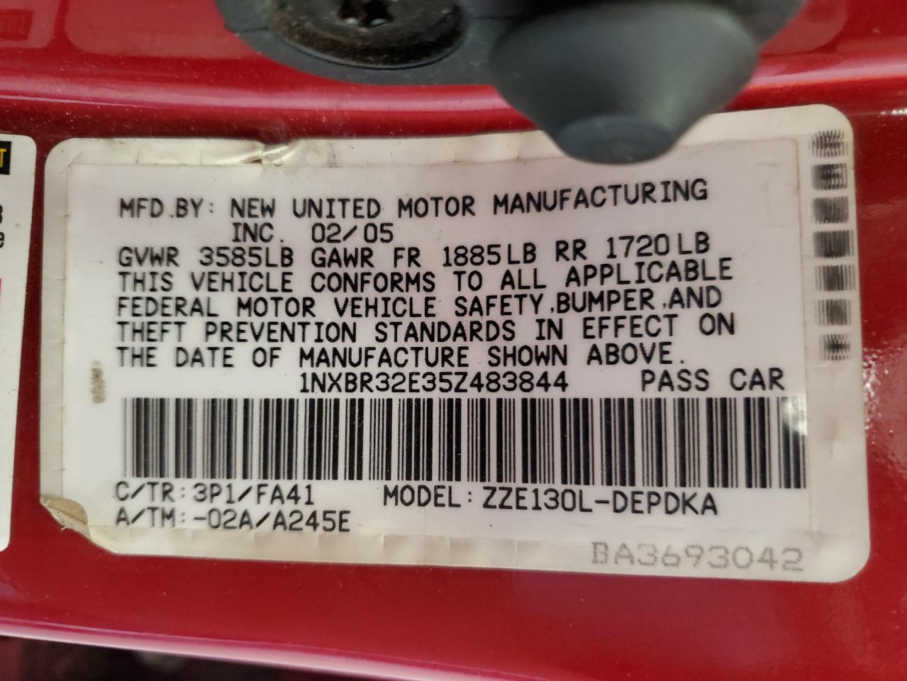 2005 Toyota Corolla Ce VIN: 1NXBR32E35Z483844 Lot: 62093785