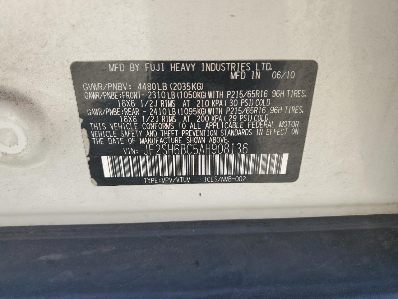 2010 Subaru Forester Xs VIN: JF2SH6BC5AH908136 Lot: 61607455
