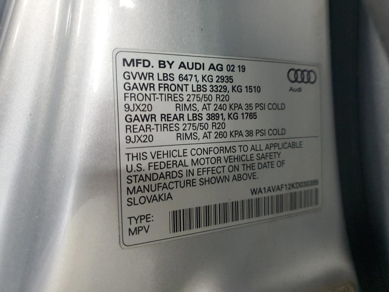 2019 Audi Q8 Premium VIN: WA1AVAF12KD030389 Lot: 60860675