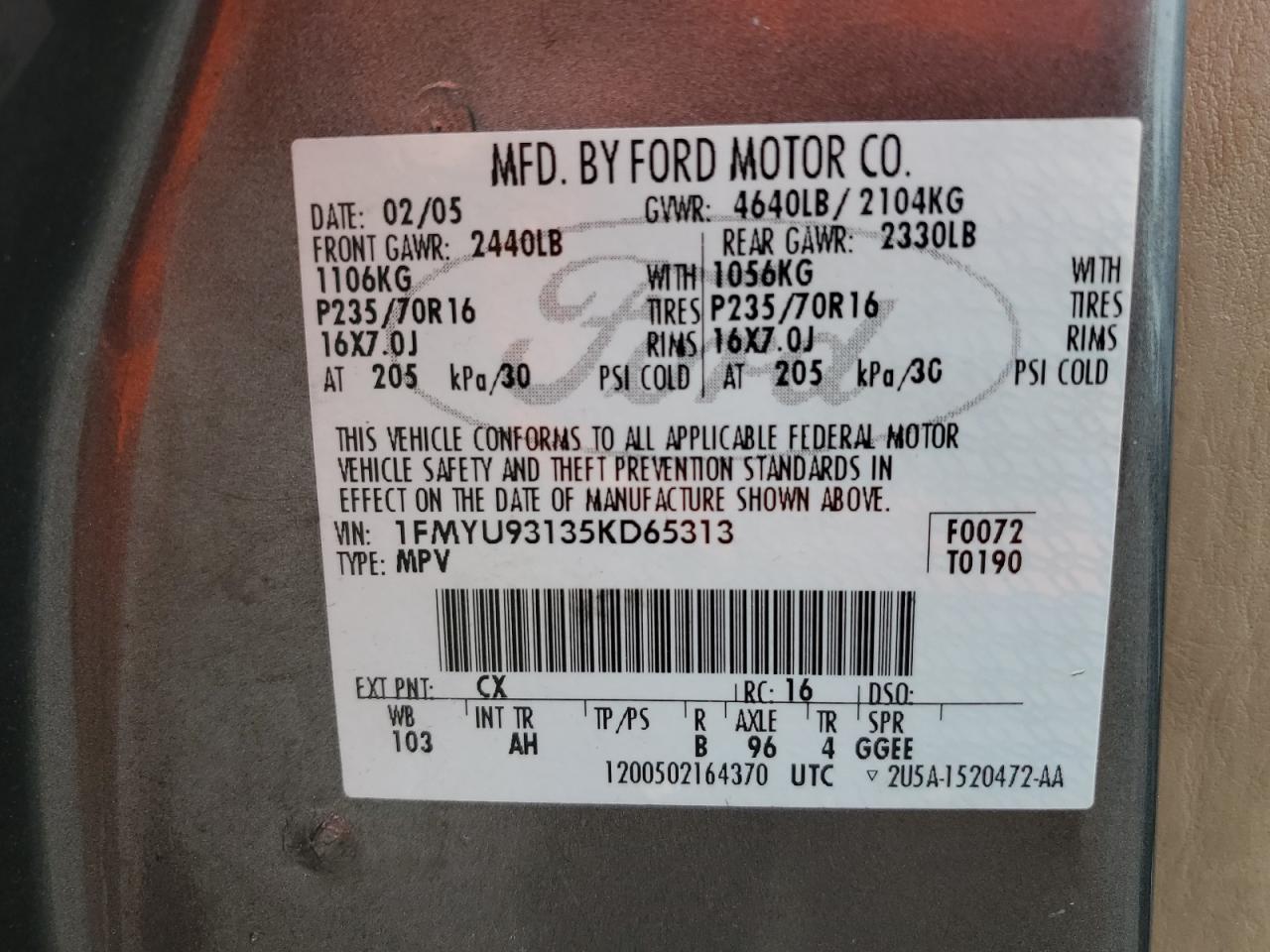 2005 Ford Escape Xlt VIN: 1FMYU93135KD65313 Lot: 62725385