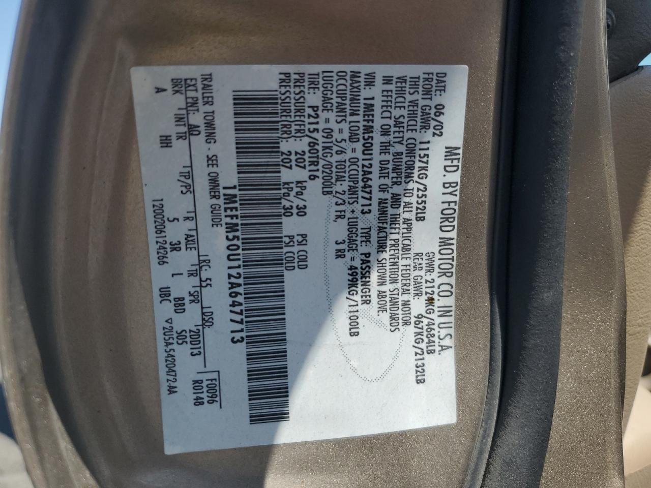 2002 Mercury Sable Gs VIN: 1MEFM50U12A647713 Lot: 61749475