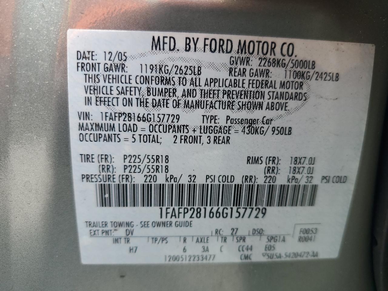 2006 Ford Five Hundred Limited VIN: 1FAFP28166G157729 Lot: 59936245