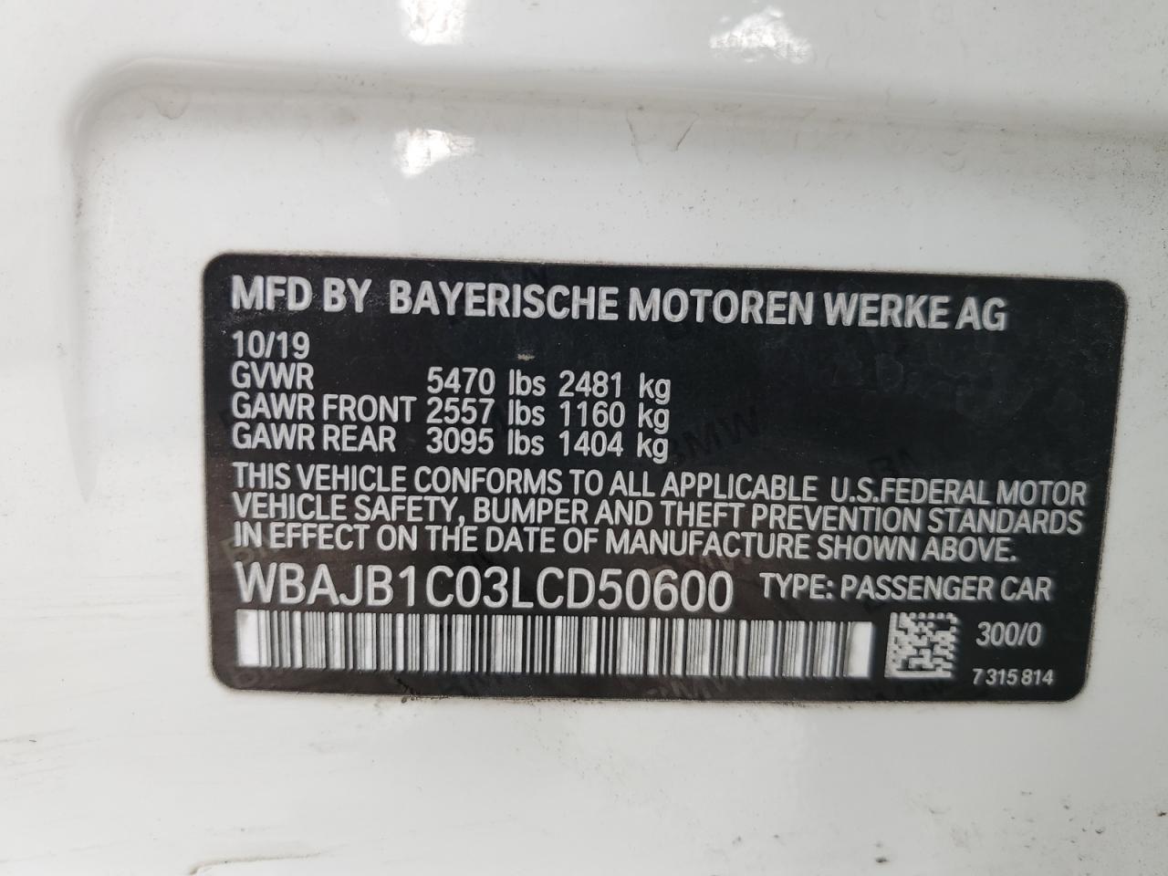 2020 BMW 530Xe VIN: WBAJB1C03LCD50600 Lot: 62033065