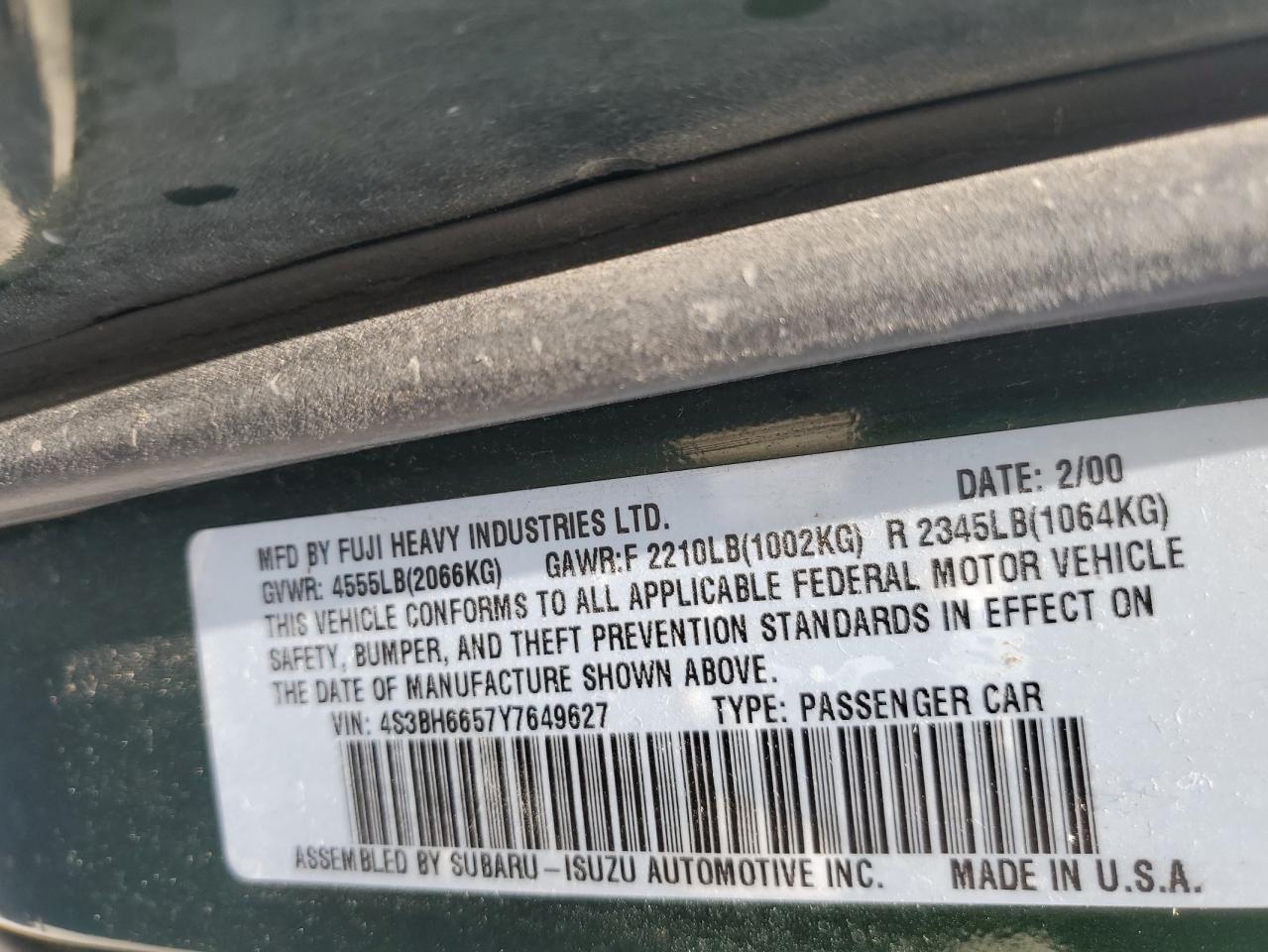 2000 Subaru Legacy Outback VIN: 4S3BH6657Y7649627 Lot: 61089765