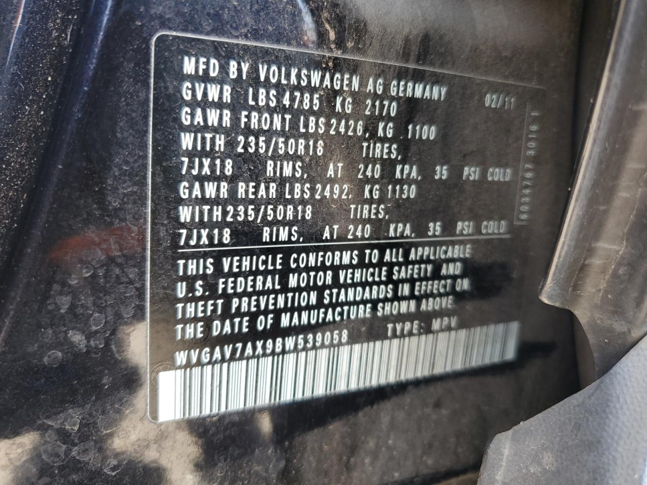 2011 Volkswagen Tiguan S VIN: WVGAV7AX9BW539058 Lot: 62269615