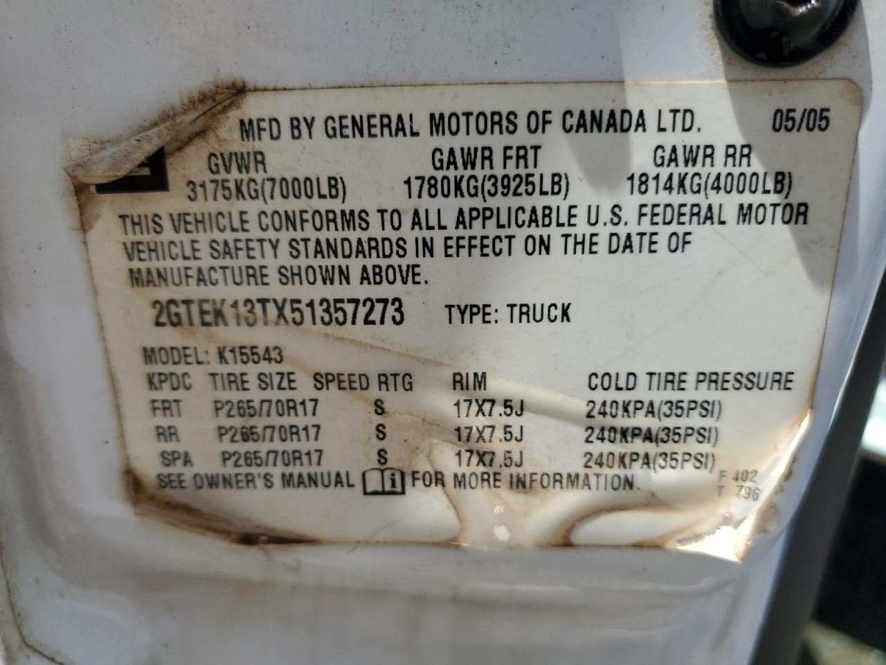 2005 GMC New Sierra K1500 VIN: 2GTEK13TX51357273 Lot: 62657065