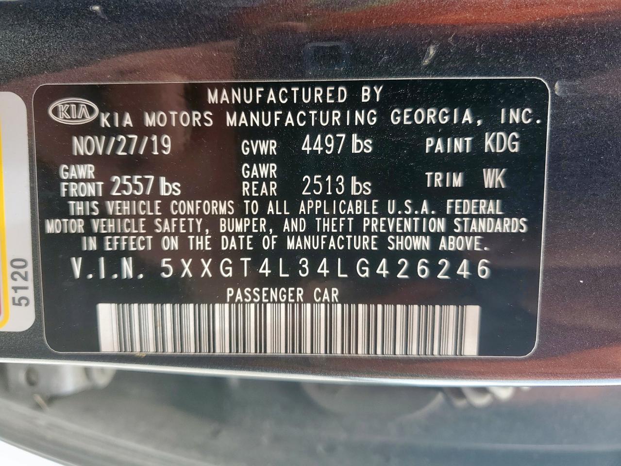 2020 Kia Optima Lx VIN: 5XXGT4L34LG426246 Lot: 63050195