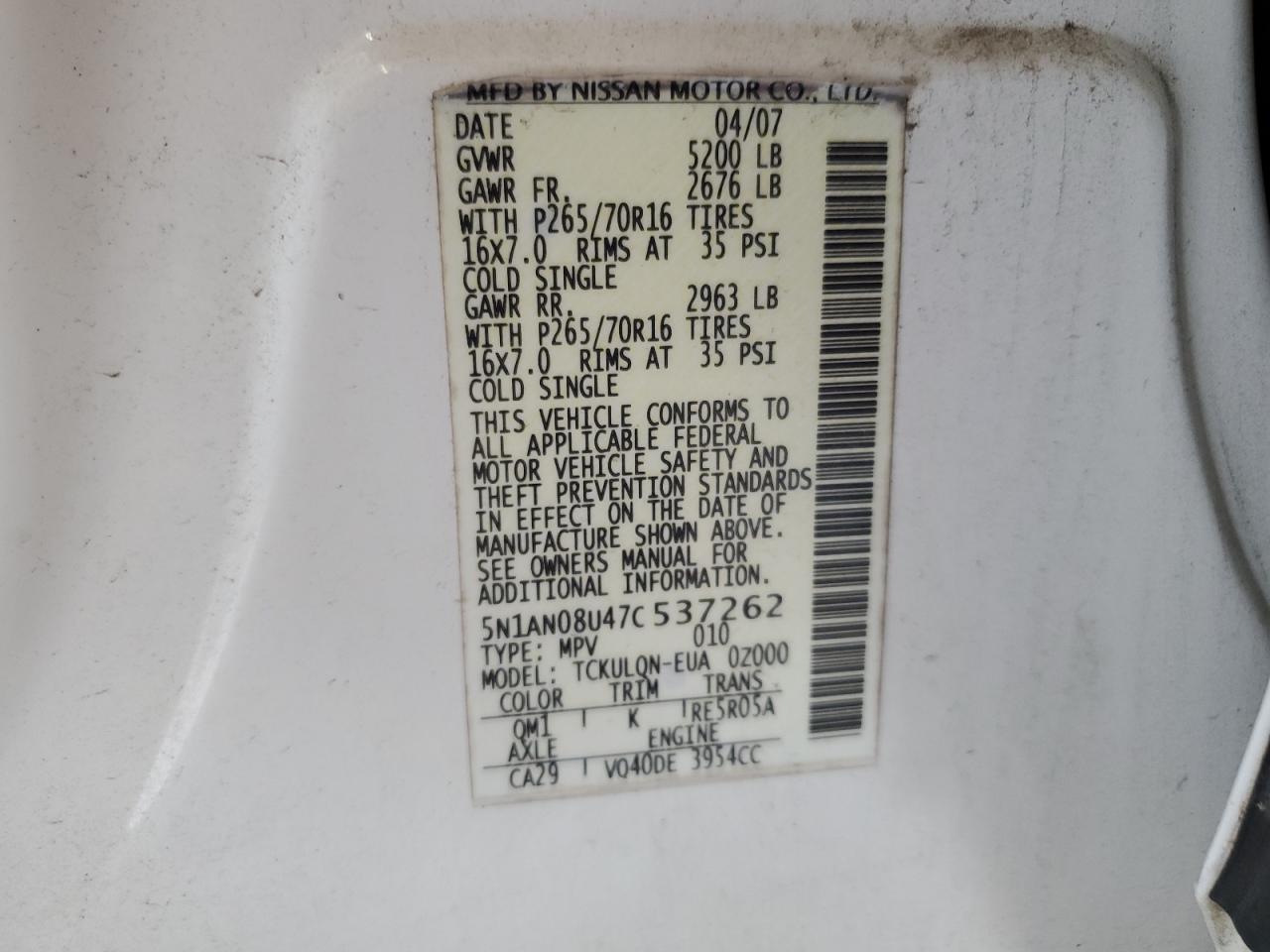 2007 Nissan Xterra Off Road VIN: 5N1AN08U47C537262 Lot: 62142625