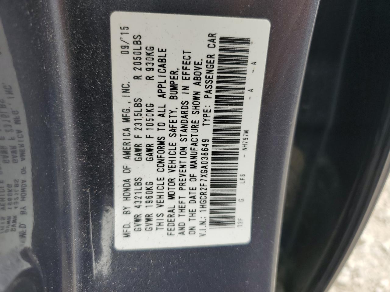 2016 Honda Accord Ex VIN: 1HGCR2F7XGA038649 Lot: 63176875