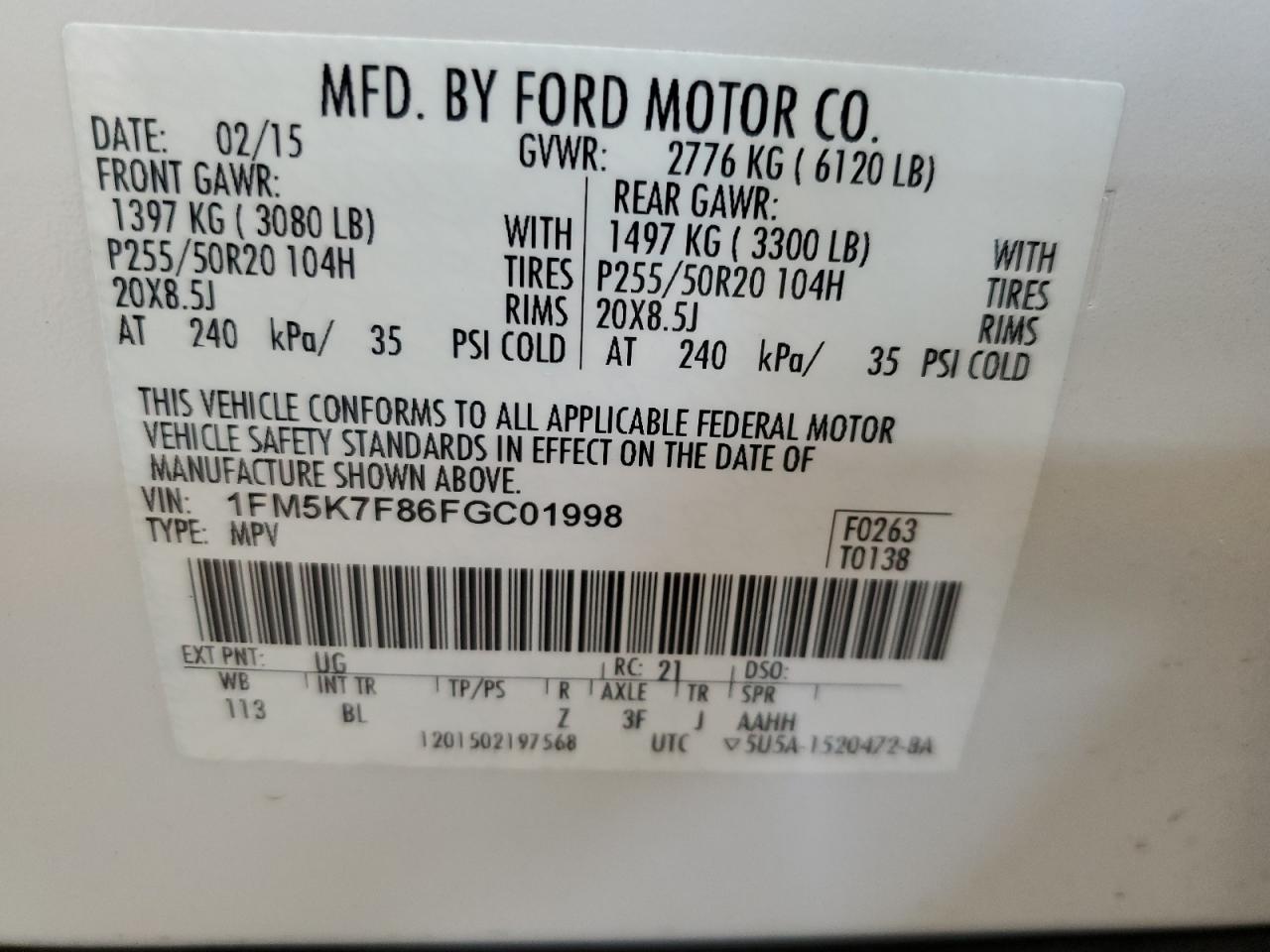 FORD EXPLORER 2015 VIN 1FM5K7F86FGC01998 zdjęcie 13