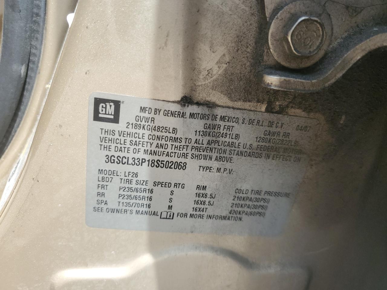 2008 Saturn Vue Xe VIN: 3GSCL33P18S502068 Lot: 62072725