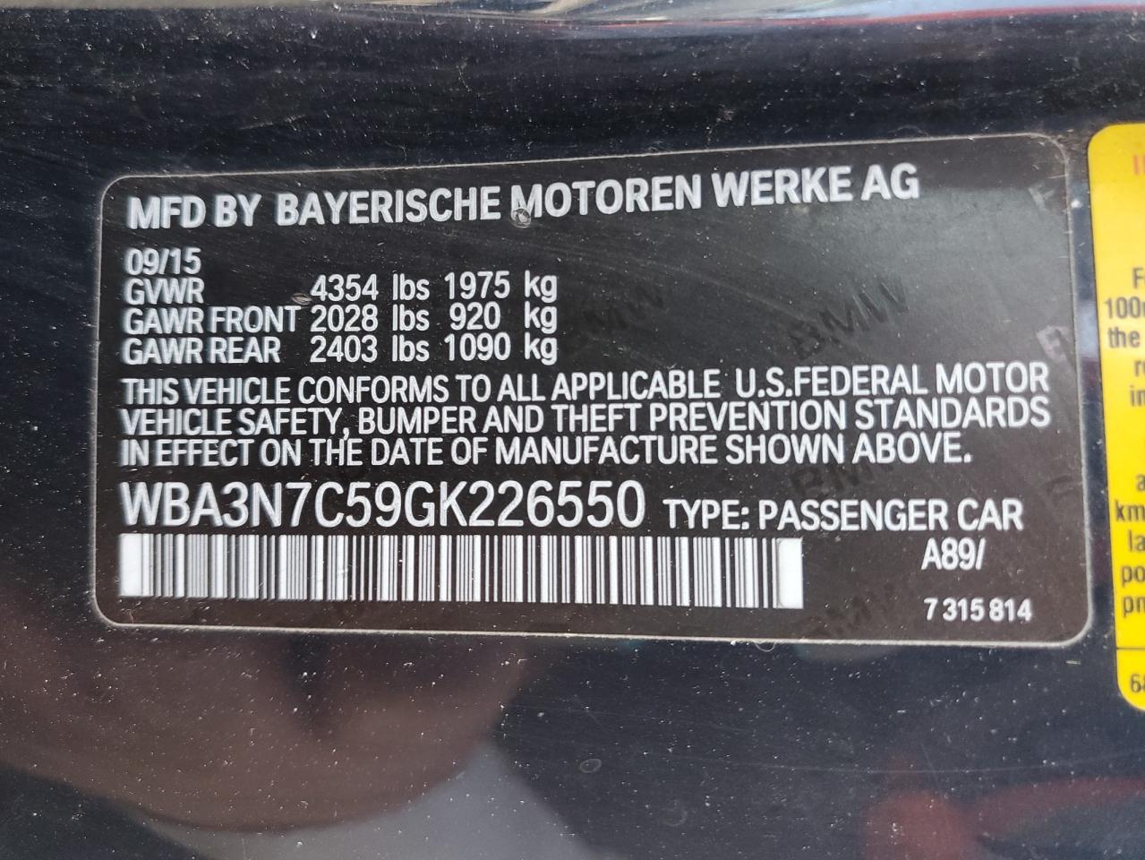2016 BMW 428 I VIN: WBA3N7C59GK226550 Lot: 61997155