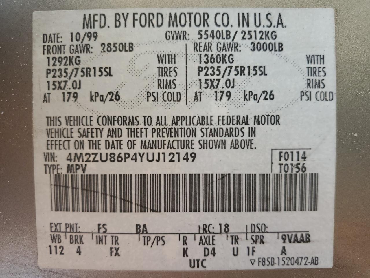 2000 Mercury Mountaineer VIN: 4M2ZU86P4YUJ12149 Lot: 59080425