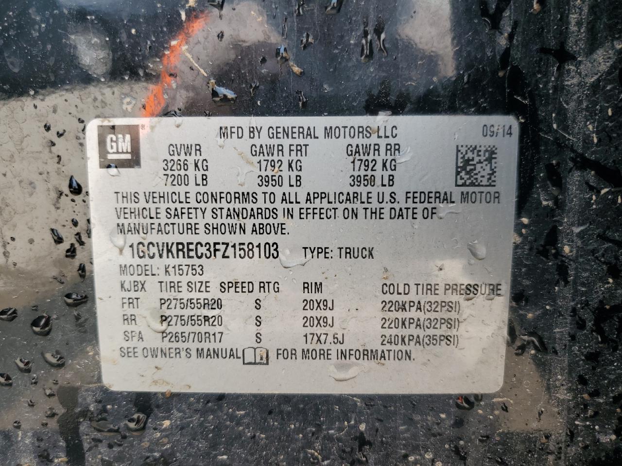 2015 Chevrolet Silverado K1500 Lt VIN: 1GCVKREC3FZ158103 Lot: 55772555