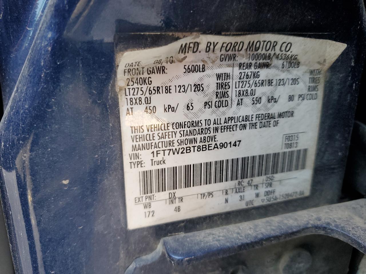 2011 Ford F250 Super Duty VIN: 1FT7W2BT8BEA90147 Lot: 61895605