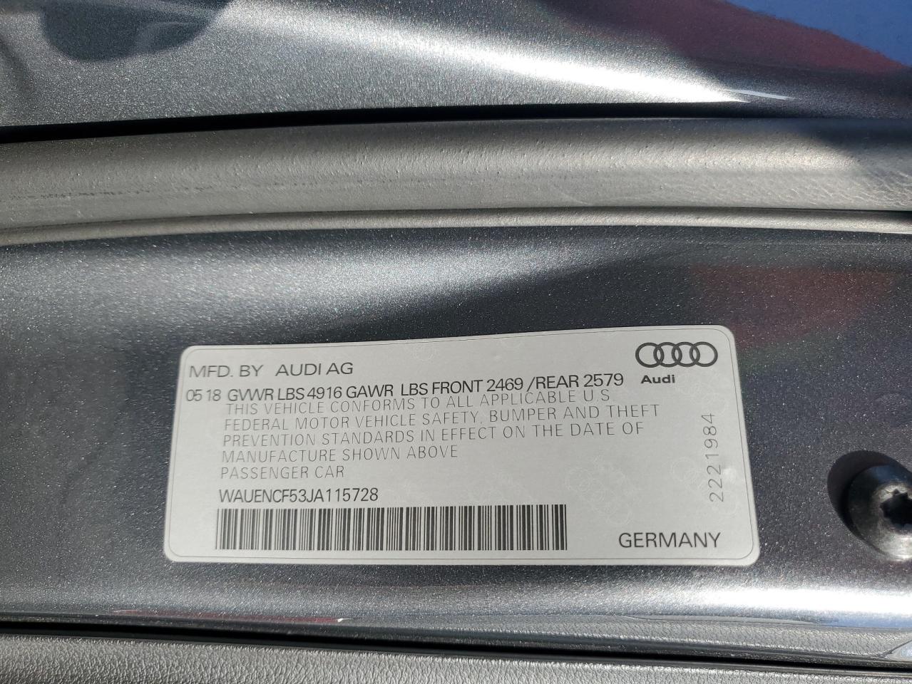 2018 Audi A5 Premium Plus S-Line VIN: WAUENCF53JA115728 Lot: 61303475
