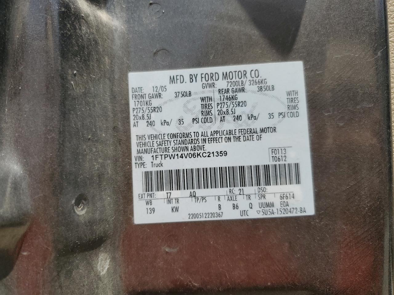 2006 Ford F150 Supercrew VIN: 1FTPW14V06KC21359 Lot: 62238015