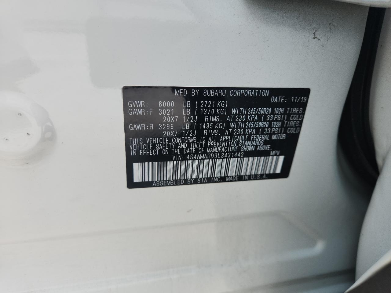 2020 Subaru Ascent Touring VIN: 4S4WMARD3L3431442 Lot: 60251215