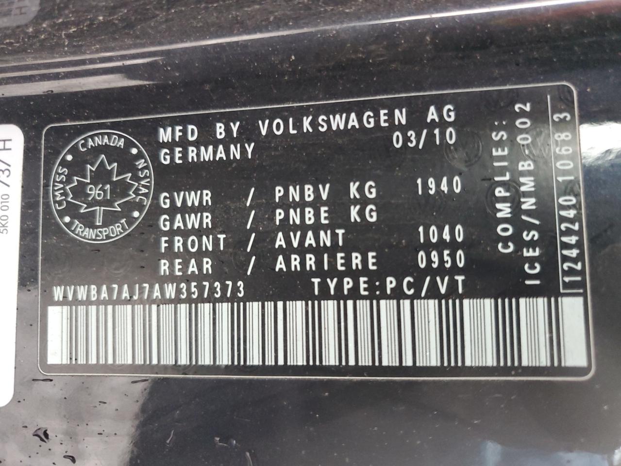 2010 Volkswagen Golf VIN: WVWBA7AJ7AW357373 Lot: 61937335
