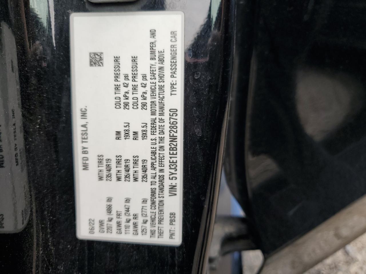 TESLA MODEL 3 2022 VIN 5YJ3E1EB2NF286750 zdjęcie 12