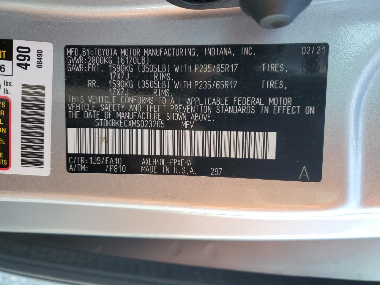 2021 Toyota Sienna Le VIN: 5TDKRKECXMS023205 Lot: 60439955