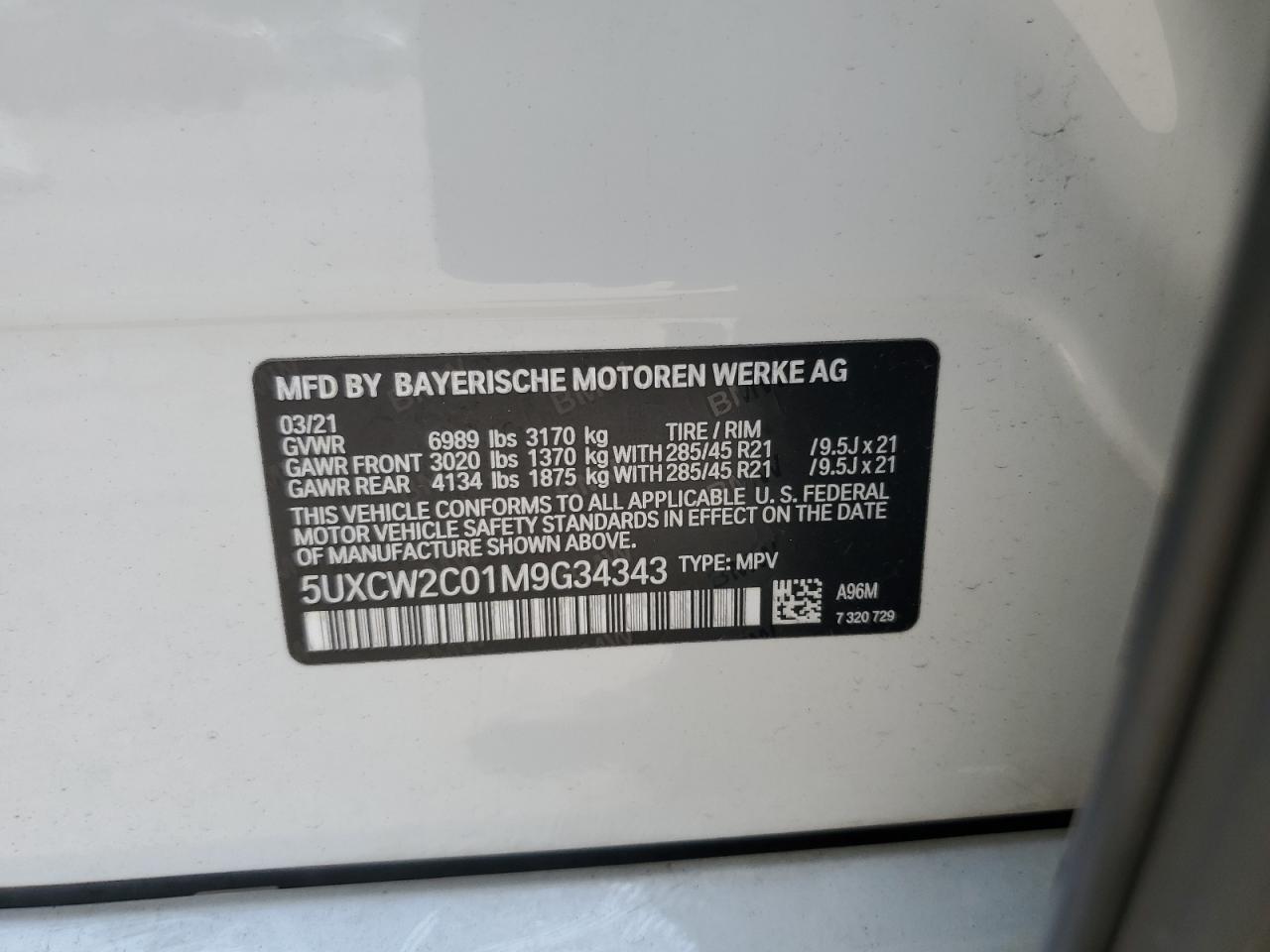 2021 BMW X7 xDrive40I VIN: 5UXCW2C01M9G34343 Lot: 61656005