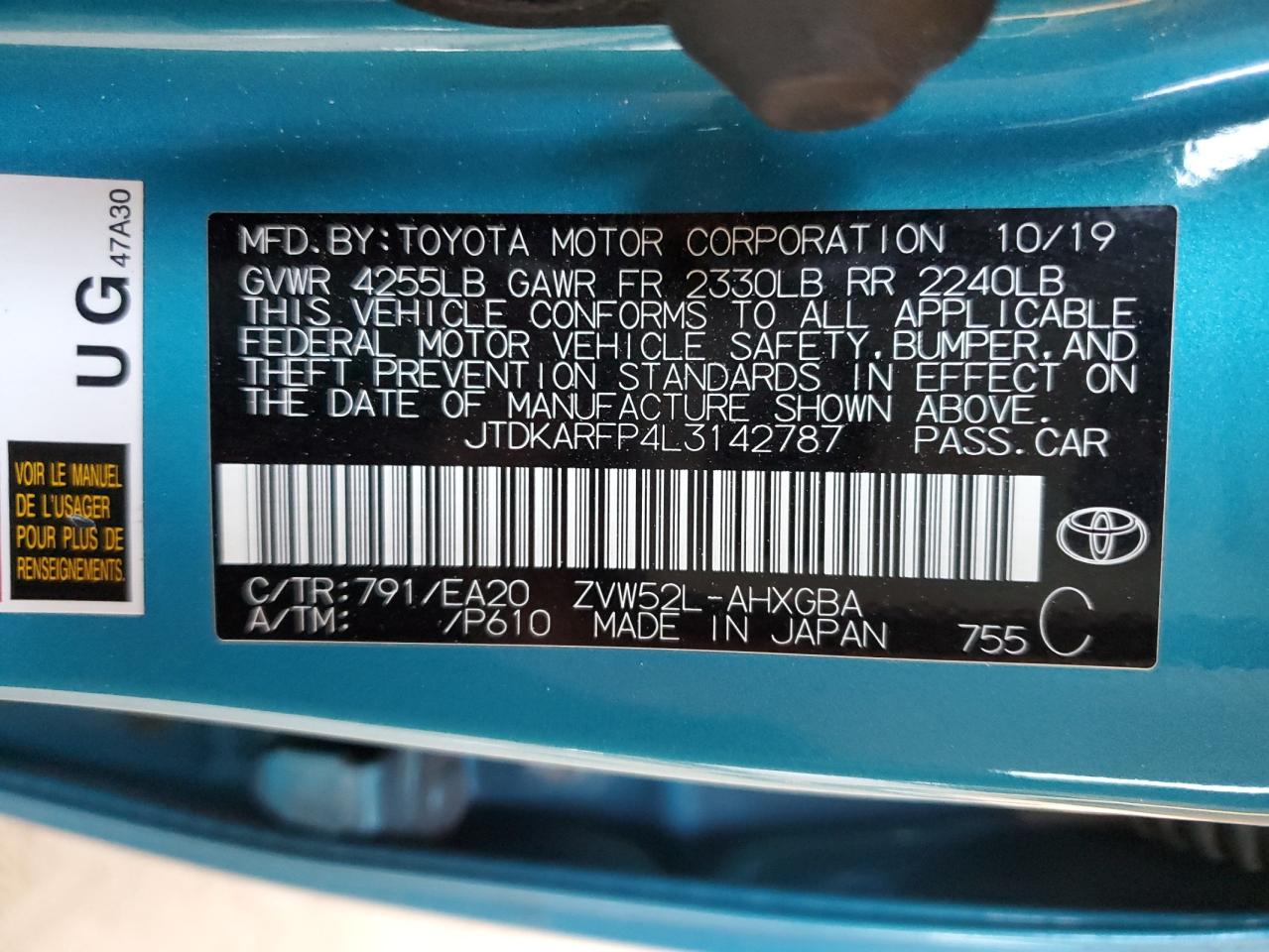 2020 Toyota Prius Prime Le VIN: JTDKARFP4L3142787 Lot: 63055685