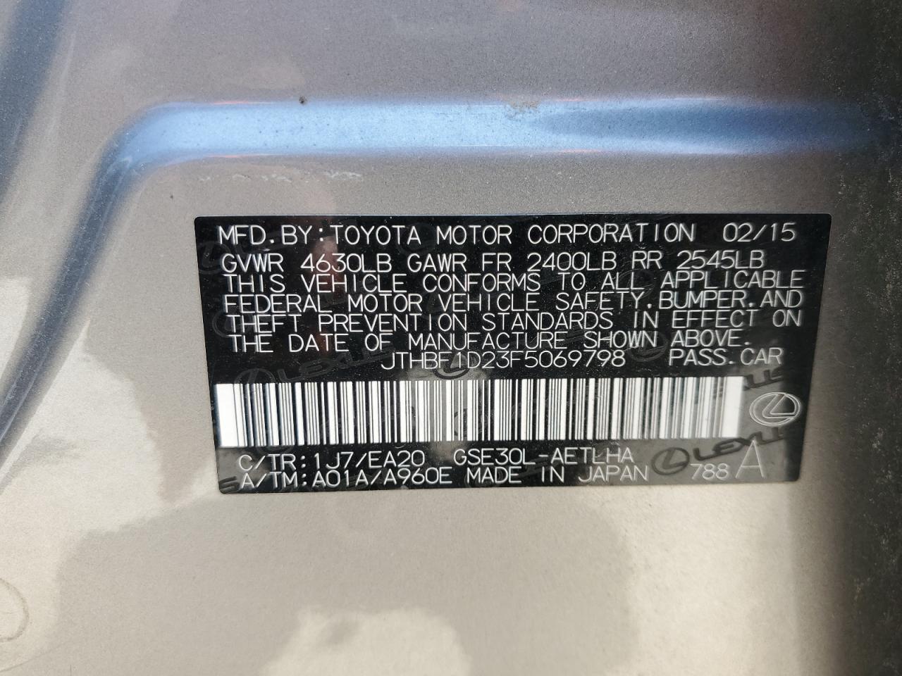 2015 Lexus Is 250 VIN: JTHBF1D23F5069798 Lot: 62520885