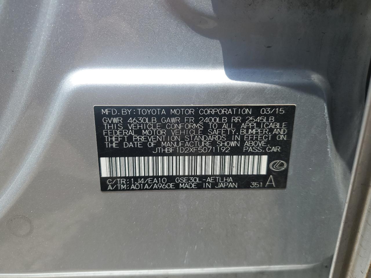2015 Lexus Is 250 VIN: JTHBF1D2XF5071192 Lot: 62178355