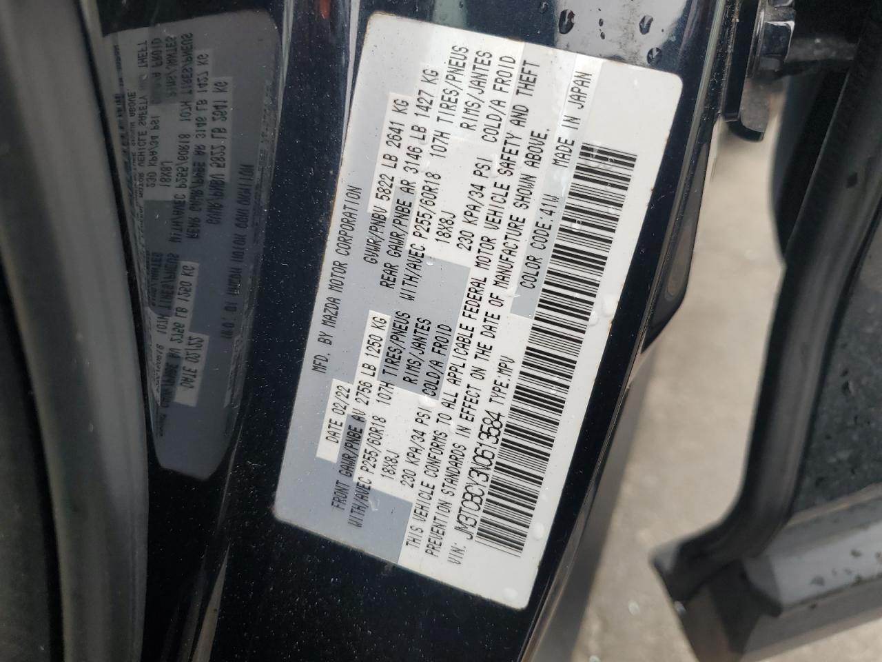 2022 Mazda Cx-9 Touring VIN: JM3TCBCY3N0613584 Lot: 62630605