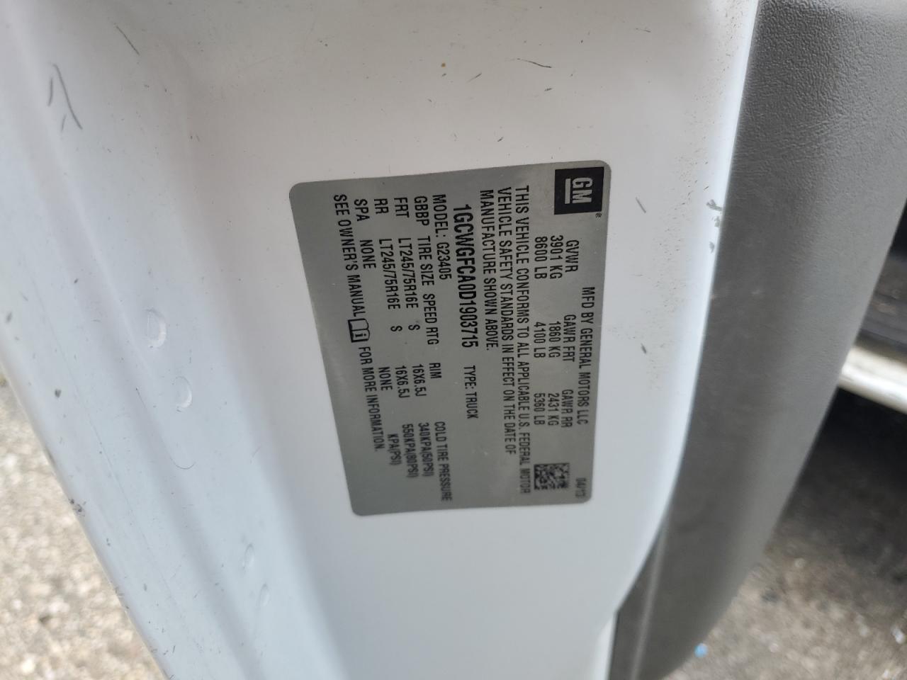 2013 Chevrolet Express G2500 VIN: 1GCWGFCA0D1903715 Lot: 62460465