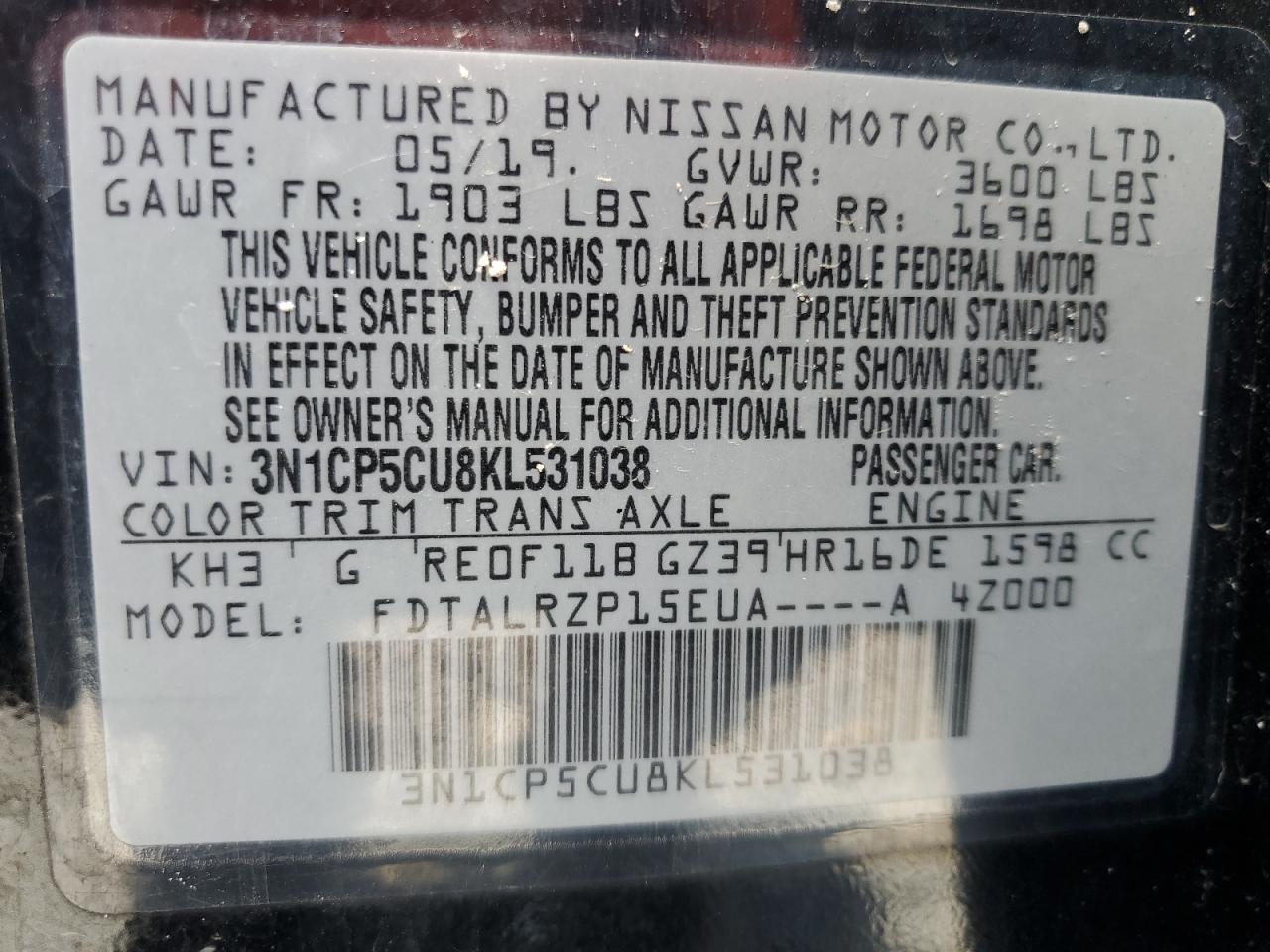 NISSAN KICKS 2019 VIN 3N1CP5CU8KL531038 zdjęcie 13