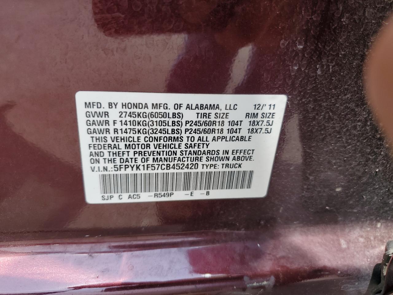 2012 Honda Ridgeline Rtl VIN: 5FPYK1F57CB452420 Lot: 59585695