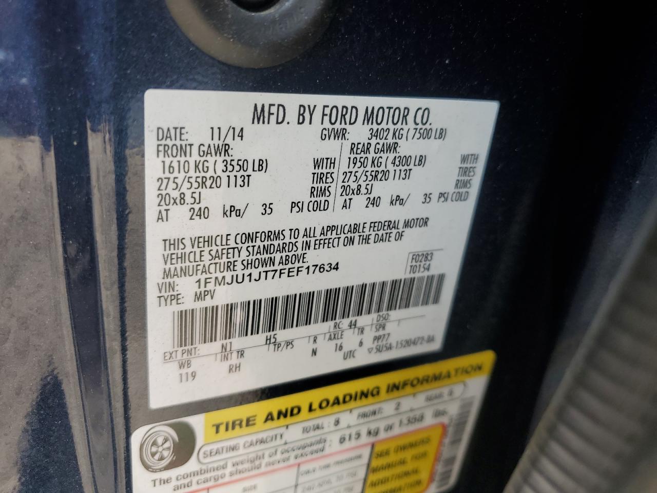 2015 Ford Expedition Xlt VIN: 1FMJU1JT7FEF17634 Lot: 62659125