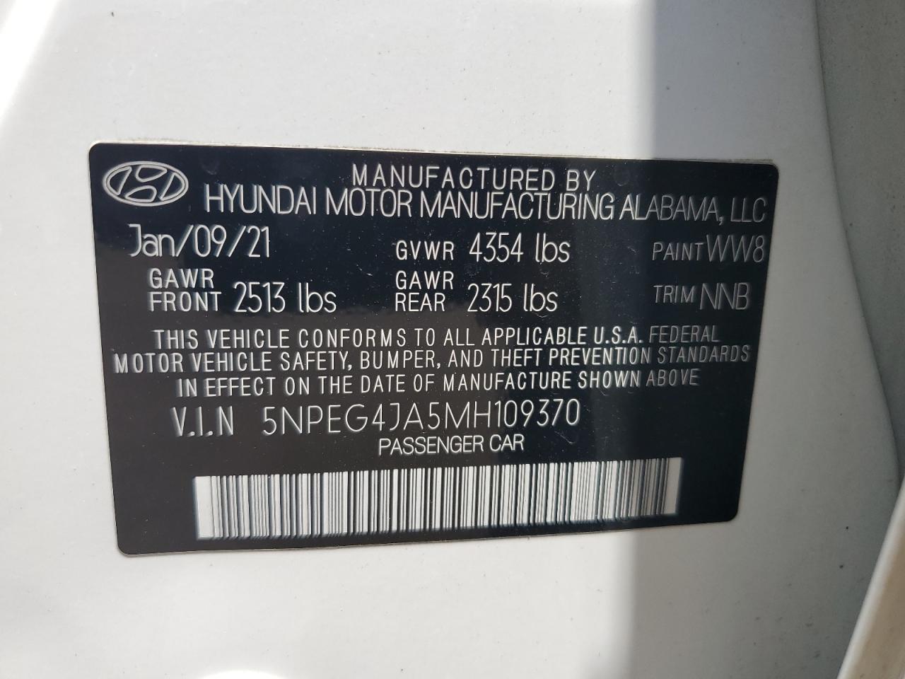 2021 Hyundai Sonata Se VIN: 5NPEG4JA5MH109370 Lot: 61830105